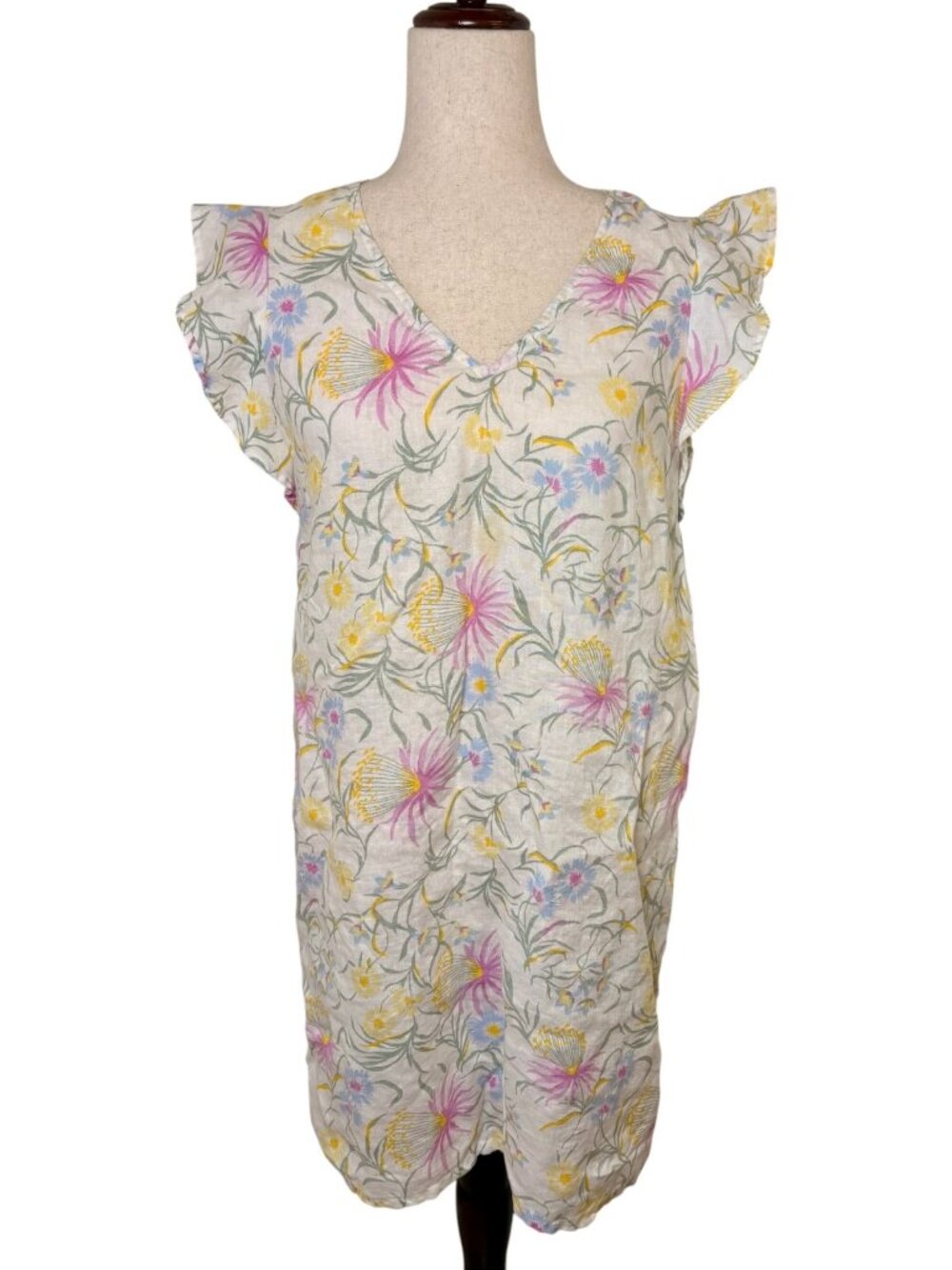 Joie White Floral 100% Linen Ruffle Sleeve Shift Dress Size Small